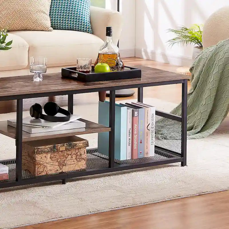 Meuble TV industriel, meuble de console multimédia avec rangement et étagère en maille pour salon/chambre, marron
