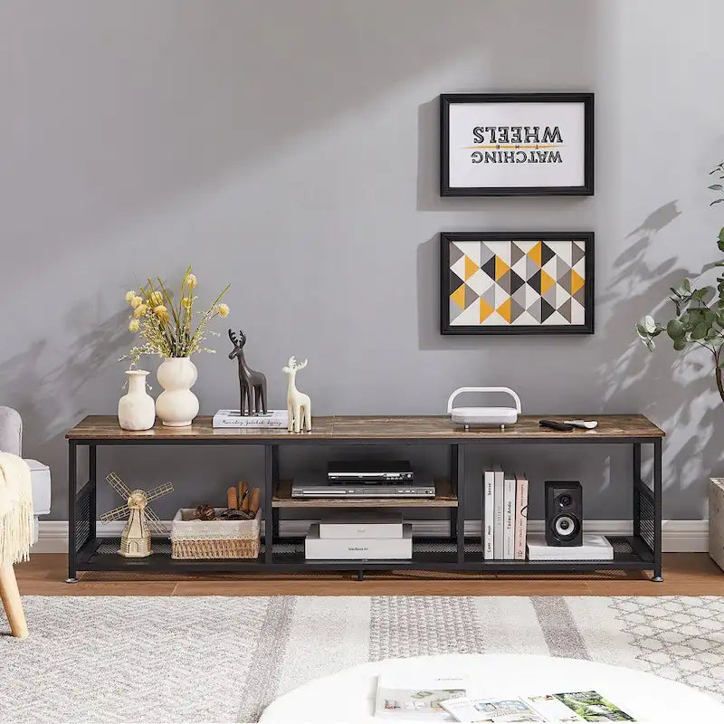 Meuble TV industriel, meuble de console multimédia avec rangement et étagère en maille pour salon/chambre, marron