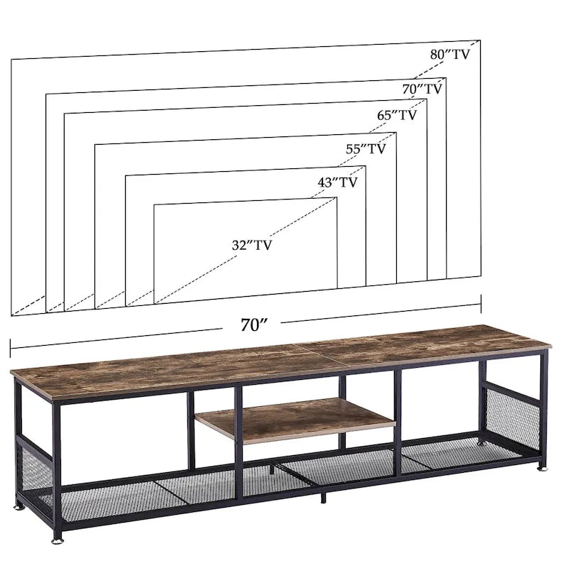 Meuble TV industriel, meuble de console multimédia avec rangement et étagère en maille pour salon/chambre, marron