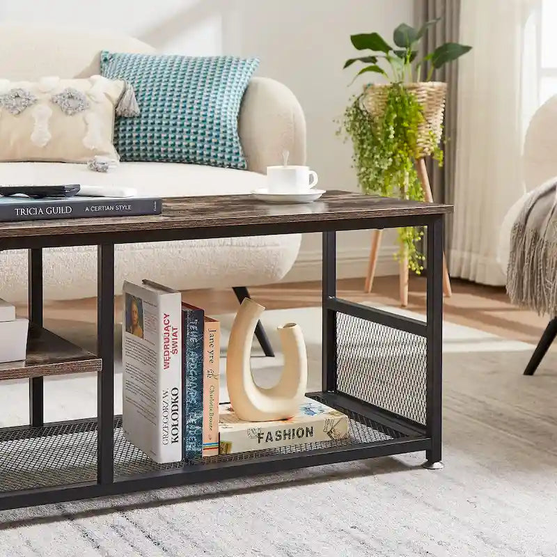 Meuble TV industriel, meuble de console multimédia avec rangement et étagère en maille pour salon/chambre, marron