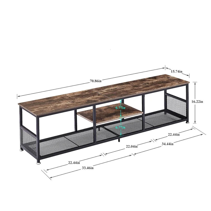 Meuble TV industriel, meuble de console multimédia avec rangement et étagère en maille pour salon/chambre, marron