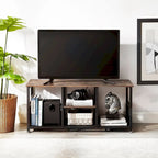 Meuble TV industriel, meuble de console multimédia avec rangement et étagère en maille pour salon/chambre, marron