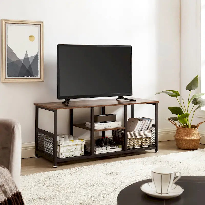 Meuble TV industriel, meuble de console multimédia avec rangement et étagère en maille pour salon/chambre, marron