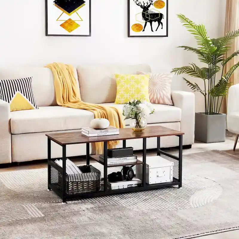 Meuble TV industriel, meuble de console multimédia avec rangement et étagère en maille pour salon/chambre, marron
