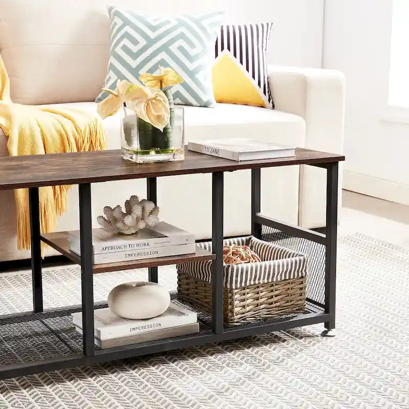 Meuble TV industriel, meuble de console multimédia avec rangement et étagère en maille pour salon/chambre, marron