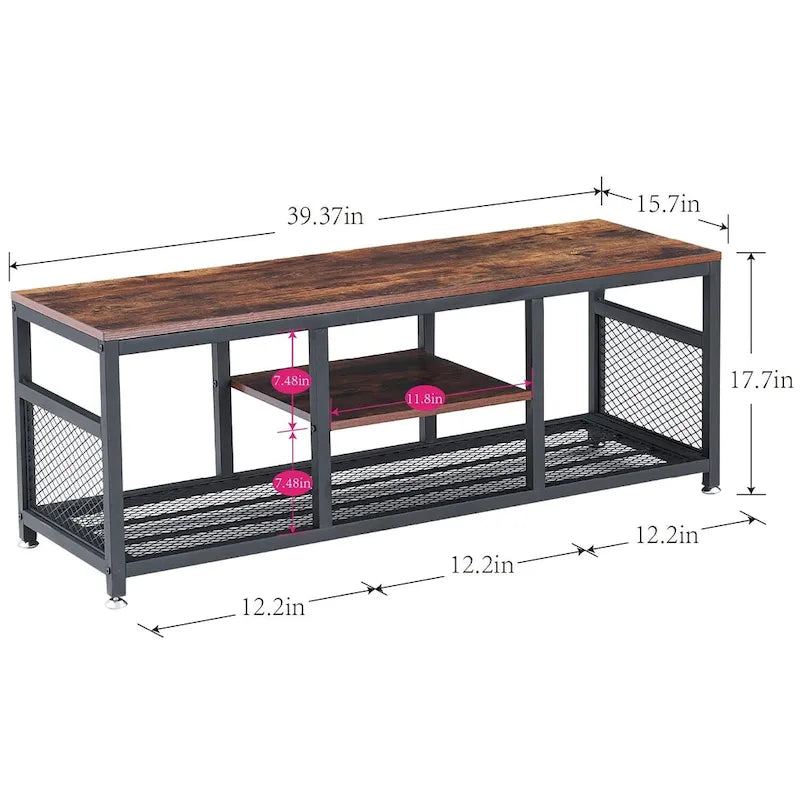 Meuble TV industriel, meuble de console multimédia avec rangement et étagère en maille pour salon/chambre, marron