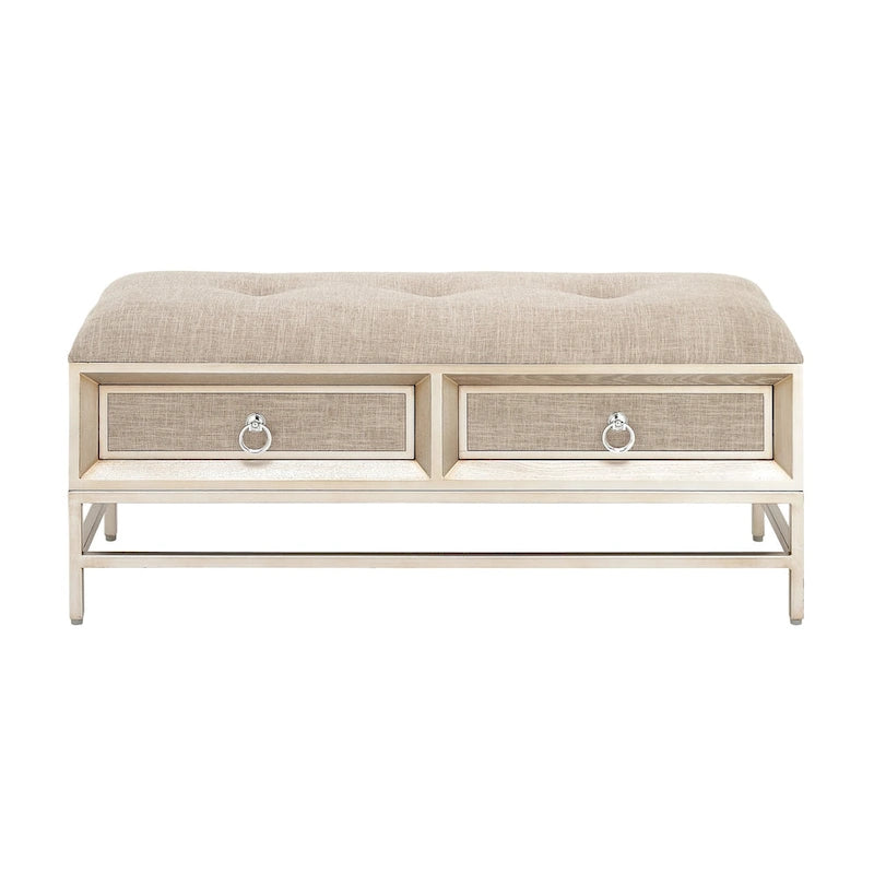 Linen Fabric Upholstered 2 Drawer Storage Bench with Tufted Seat and Ring Handles - Beige -  