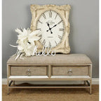 Banc de rangement 2 tiroirs en tissu de lin capitonné avec poignées anneaux - Beige -