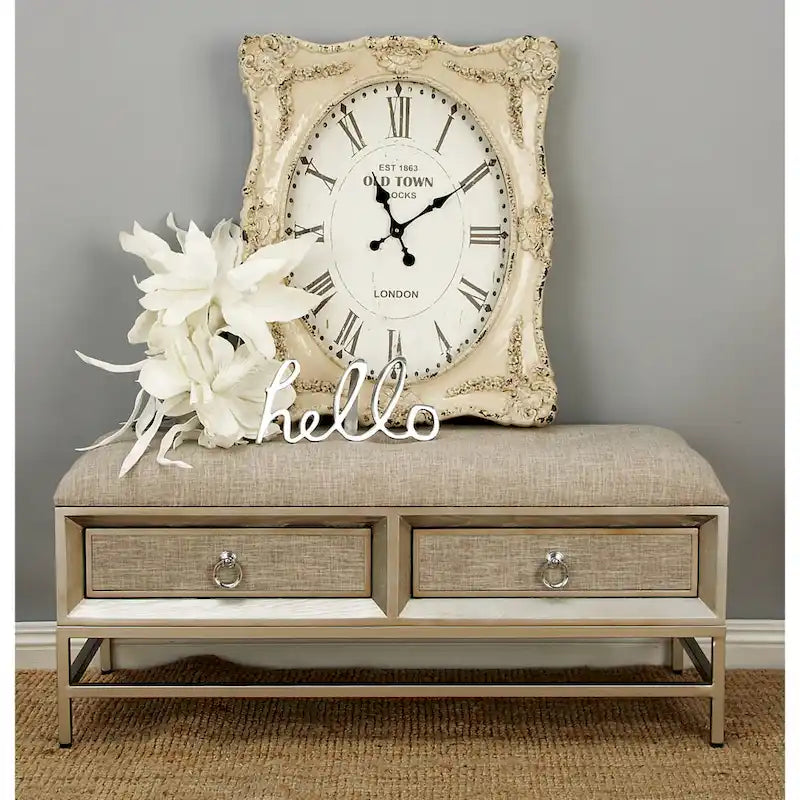 Banc de rangement 2 tiroirs en tissu de lin capitonné avec poignées anneaux - Beige -