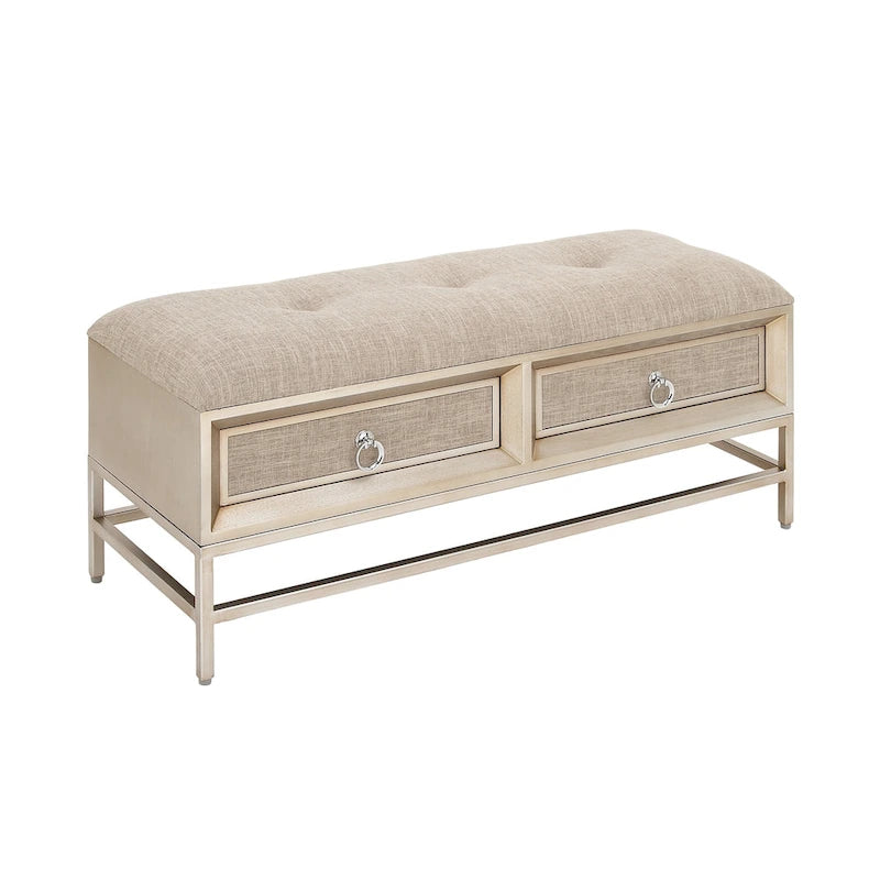 Banc de rangement 2 tiroirs en tissu de lin capitonné avec poignées anneaux - Beige -