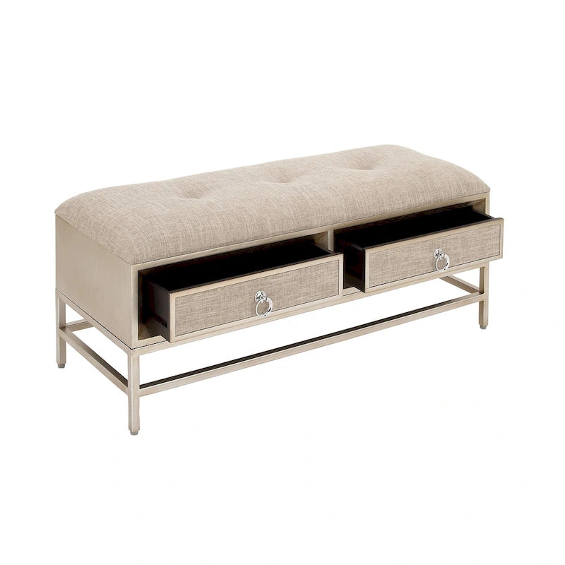 Banc de rangement 2 tiroirs en tissu de lin capitonné avec poignées anneaux - Beige -