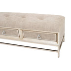Banc de rangement 2 tiroirs en tissu de lin capitonné avec poignées anneaux - Beige -