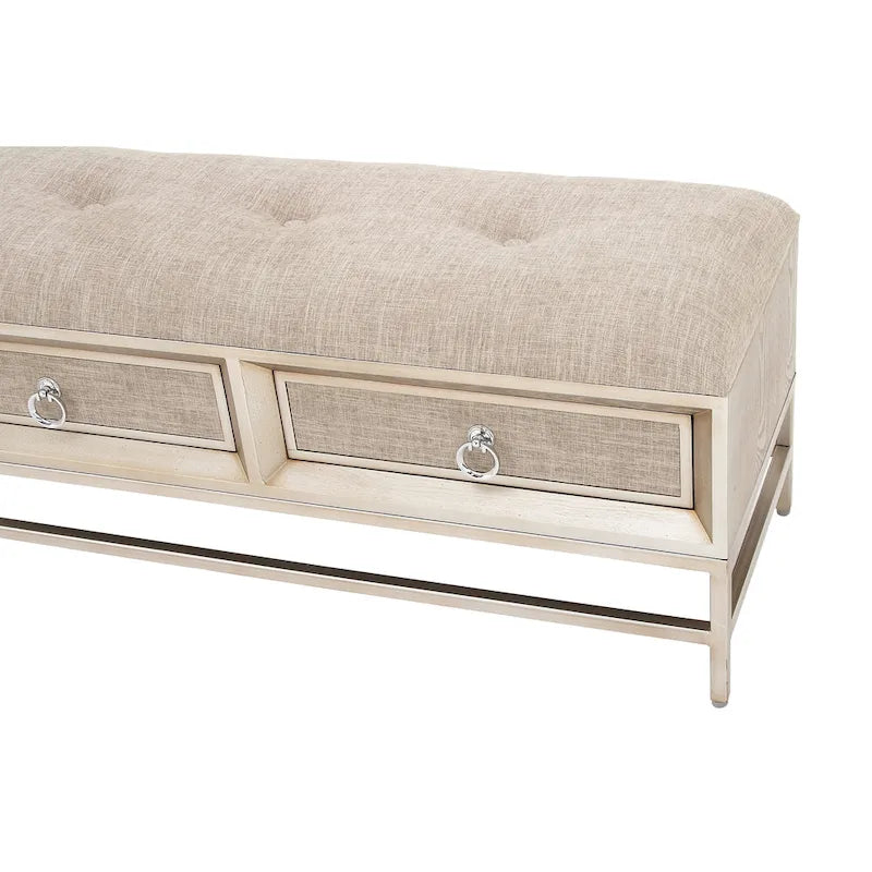 Banc de rangement 2 tiroirs en tissu de lin capitonné avec poignées anneaux - Beige -