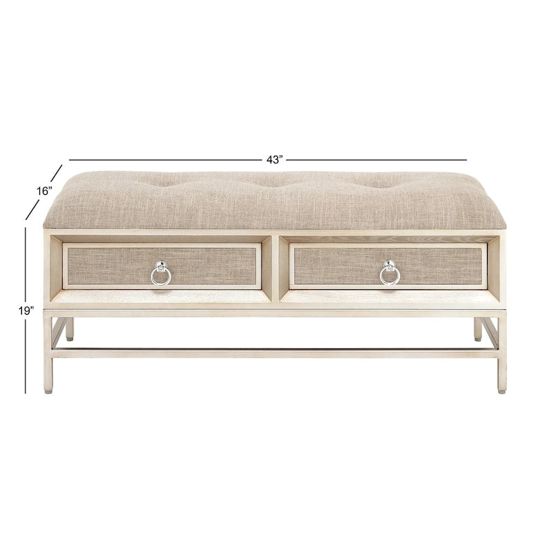 Banc de rangement 2 tiroirs en tissu de lin capitonné avec poignées anneaux - Beige -