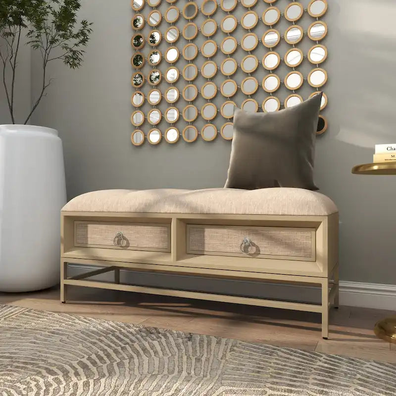 Banc de rangement 2 tiroirs en tissu de lin capitonné avec poignées anneaux - Beige -