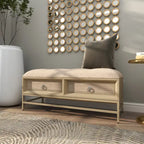 Banc de rangement 2 tiroirs en tissu de lin capitonné avec poignées anneaux - Beige -