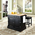   Oxford Butcher Block Top Kitchen Island in Black Finish with Stools - 47.75 W x 23 D x 35.75 H