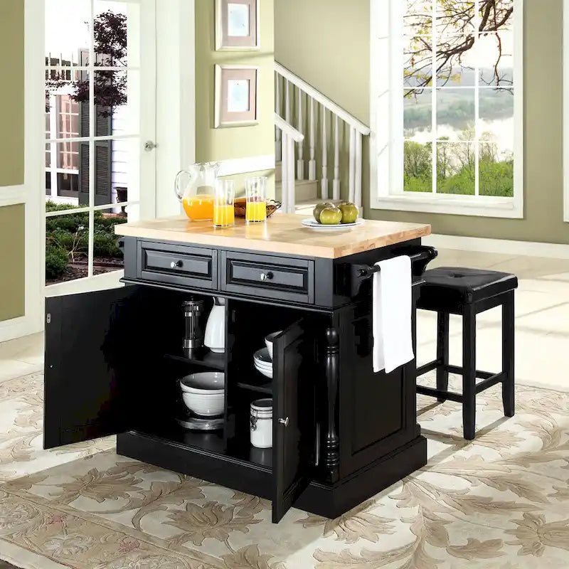 Îlot de cuisine Oxford avec plan de travail en bois de boucher, finition noire et tabourets - 47,75 L x 23 P x 35,75 H