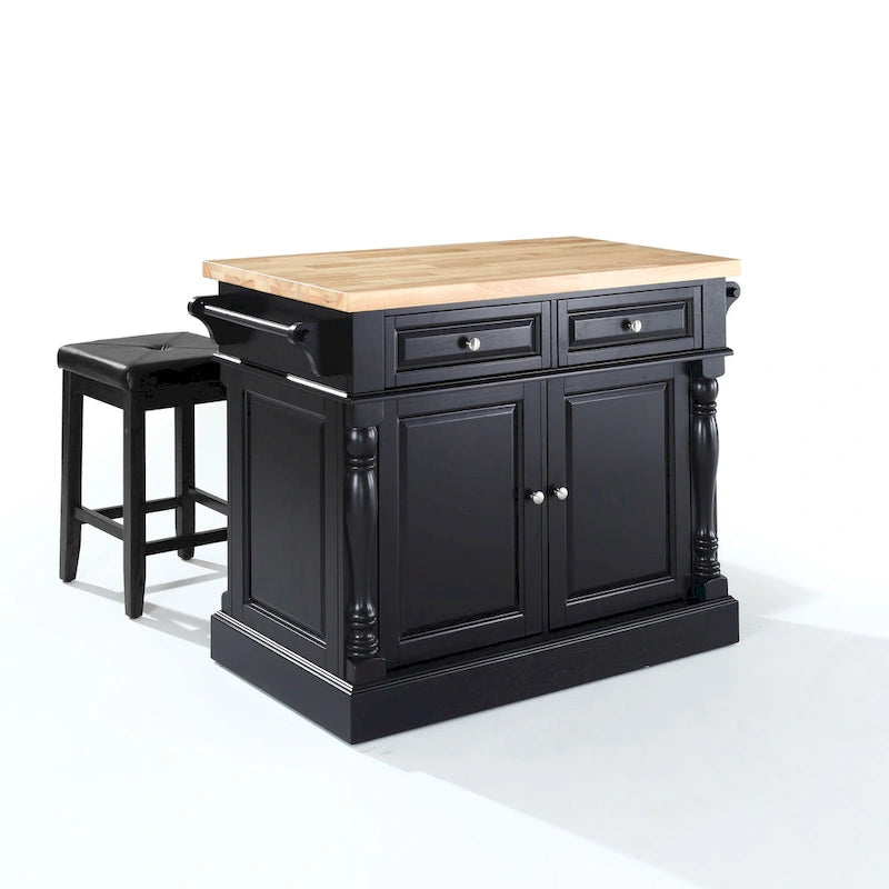 Îlot de cuisine Oxford avec plan de travail en bois de boucher, finition noire et tabourets - 47,75 L x 23 P x 35,75 H