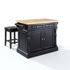 Îlot de cuisine Oxford avec plan de travail en bois de boucher, finition noire et tabourets - 47,75 L x 23 P x 35,75 H