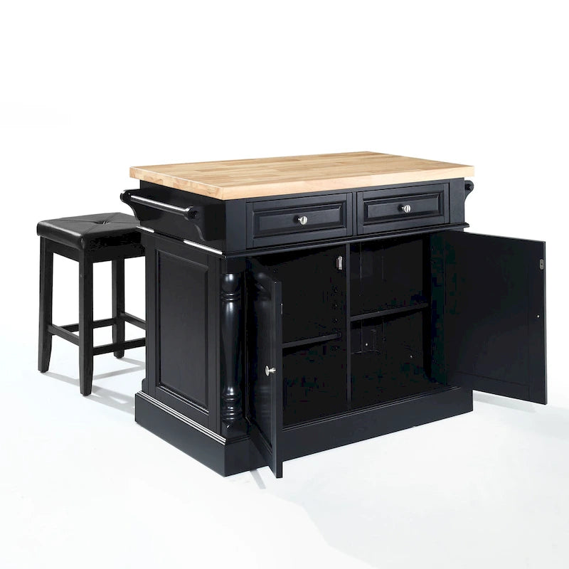 Îlot de cuisine Oxford avec plan de travail en bois de boucher, finition noire et tabourets - 47,75 L x 23 P x 35,75 H