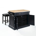 Îlot de cuisine Oxford avec plan de travail en bois de boucher, finition noire et tabourets - 47,75 L x 23 P x 35,75 H