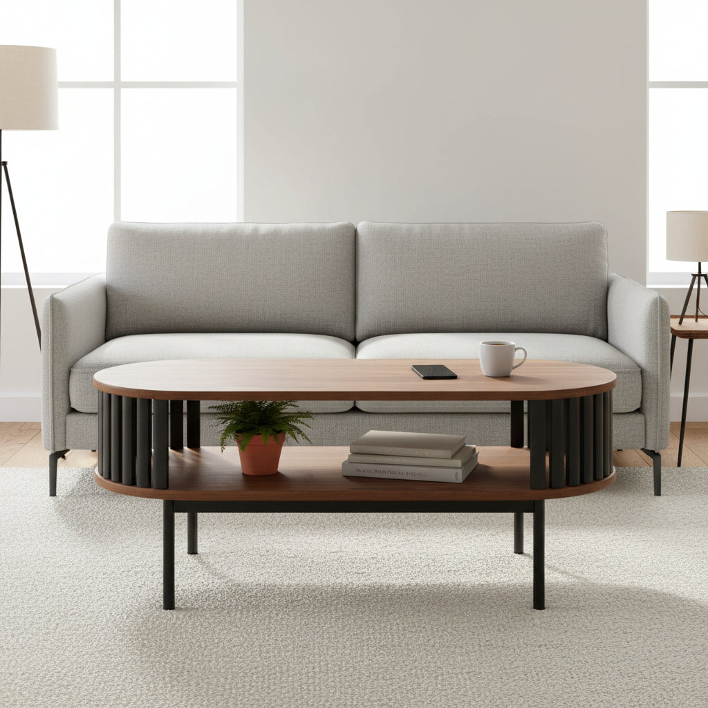 Table basse ovale moderne bicolore en bois avec étagères