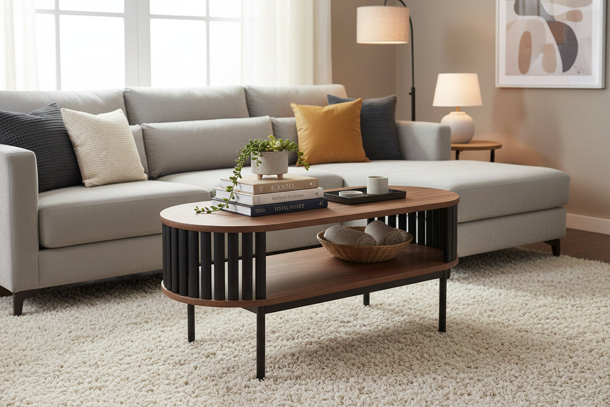 Table basse ovale moderne bicolore en bois avec étagères