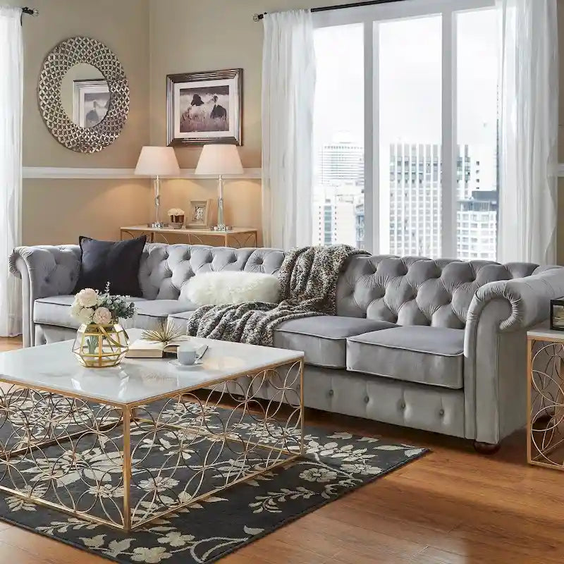 Canapé Chesterfield extra long gris clair Knightsbridge par Artisan