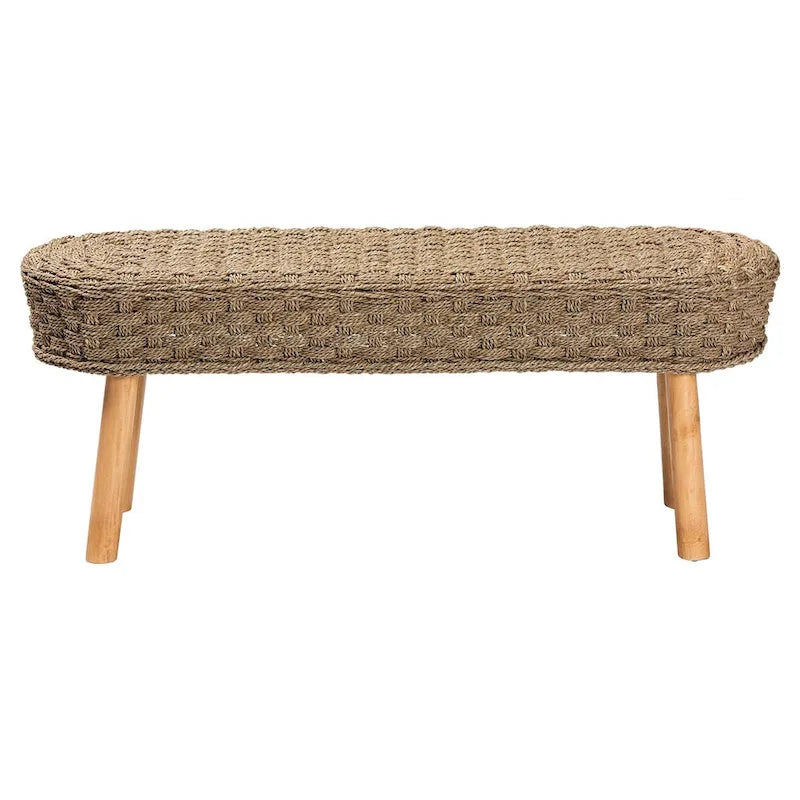 Banc d'appoint Denver en bois d'acacia et herbe marine naturelle, style bohème moderne