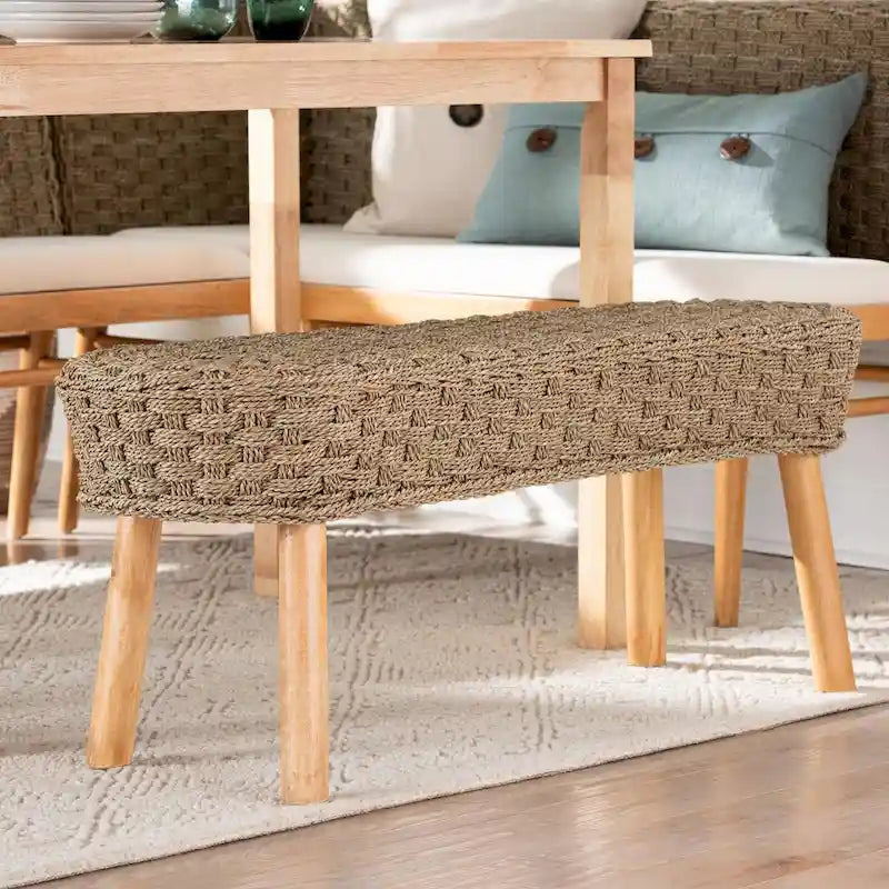 Banc d'appoint Denver en bois d'acacia et herbe marine naturelle, style bohème moderne