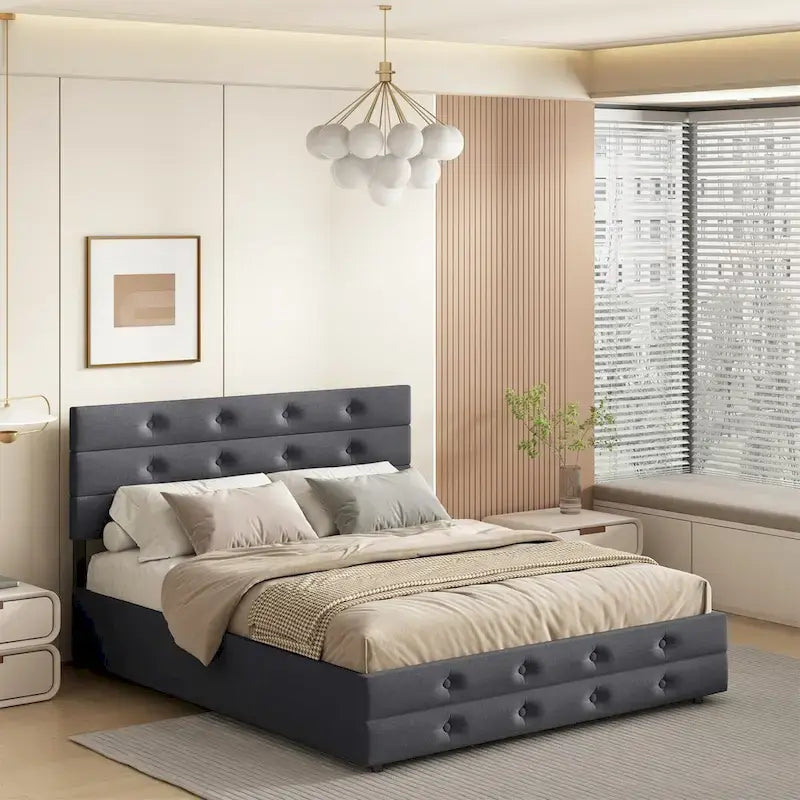 Queen Size Upholstered Linen Fabric Trundle bed