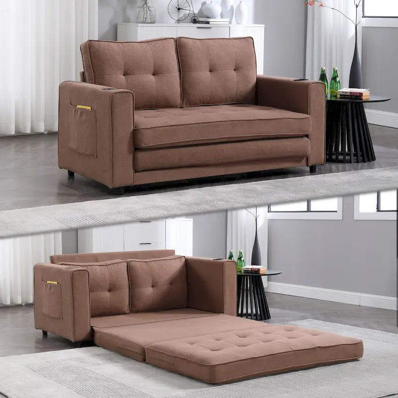 Canapé futon rembourré avec lit gigogne, canapé deux places capitonné pliable multicolore avec porte-gobelet