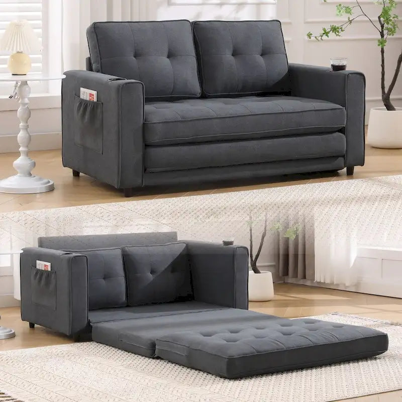 Canapé futon rembourré avec lit gigogne, canapé deux places capitonné pliable multicolore avec porte-gobelet