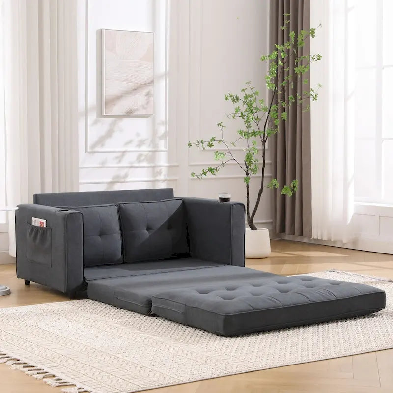Canapé futon rembourré avec lit gigogne, canapé deux places capitonné pliable multicolore avec porte-gobelet