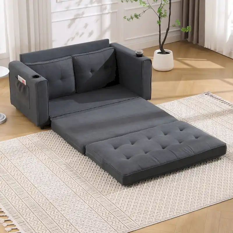 Canapé futon rembourré avec lit gigogne, canapé deux places capitonné pliable multicolore avec porte-gobelet