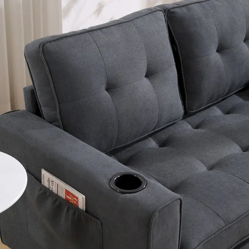 Canapé futon rembourré avec lit gigogne, canapé deux places capitonné pliable multicolore avec porte-gobelet