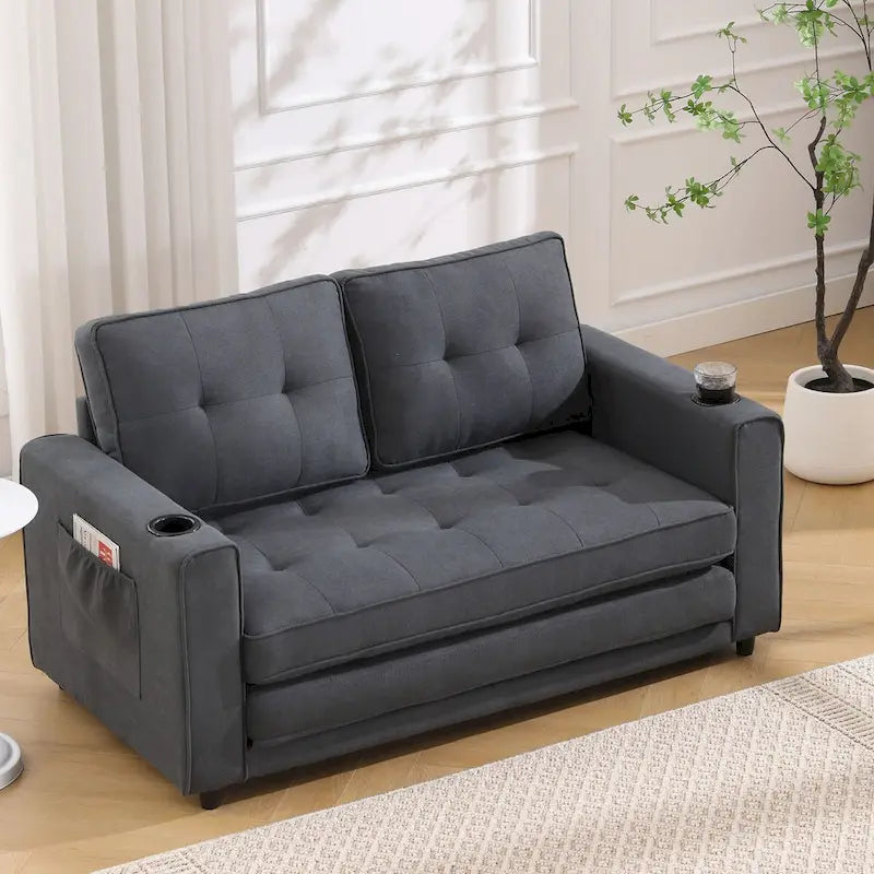 Canapé futon rembourré avec lit gigogne, canapé deux places capitonné pliable multicolore avec porte-gobelet