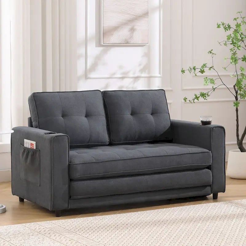 Canapé futon rembourré avec lit gigogne, canapé deux places capitonné pliable multicolore avec porte-gobelet