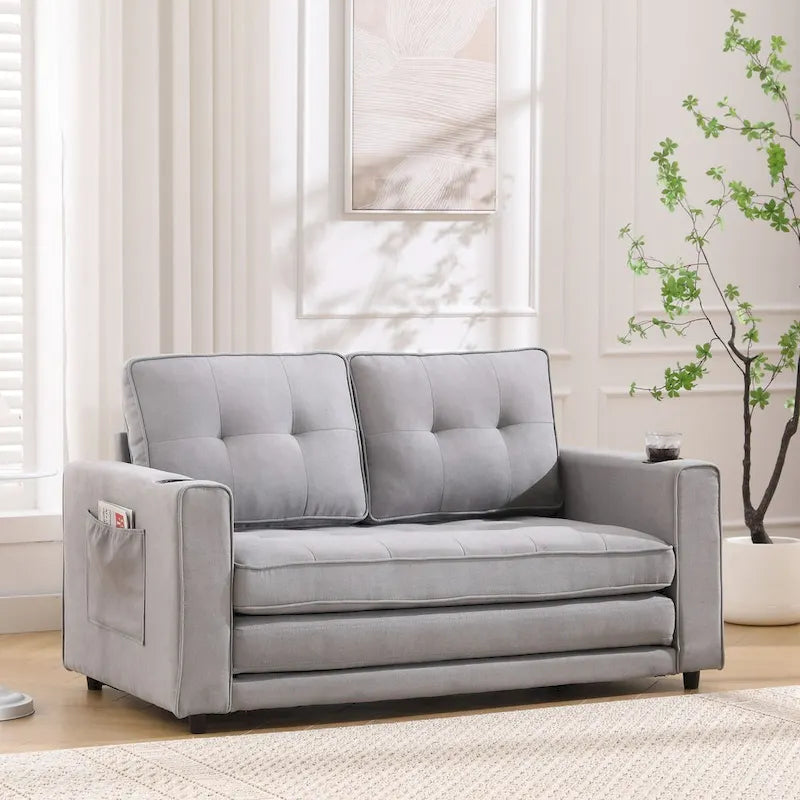 Canapé futon rembourré avec lit gigogne, canapé deux places capitonné pliable multicolore avec porte-gobelet