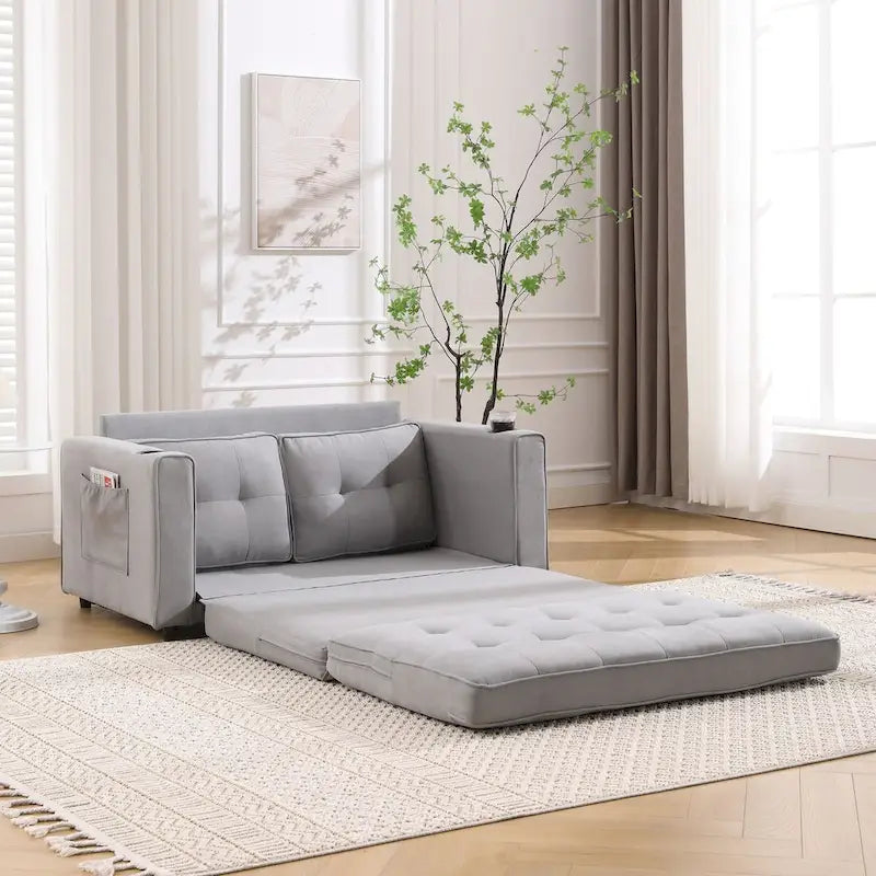 Canapé futon rembourré avec lit gigogne, canapé deux places capitonné pliable multicolore avec porte-gobelet