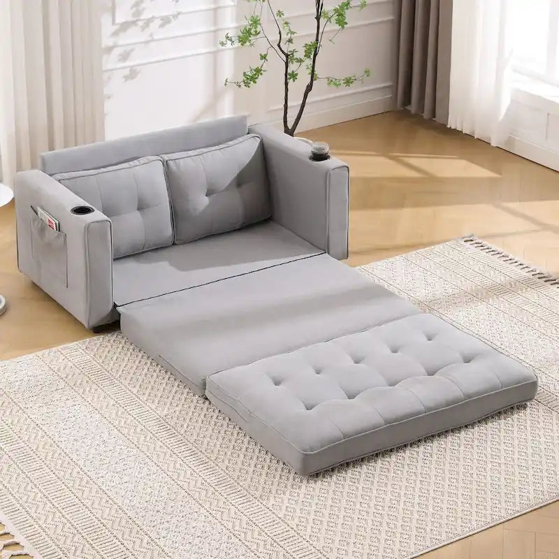 Canapé futon rembourré avec lit gigogne, canapé deux places capitonné pliable multicolore avec porte-gobelet