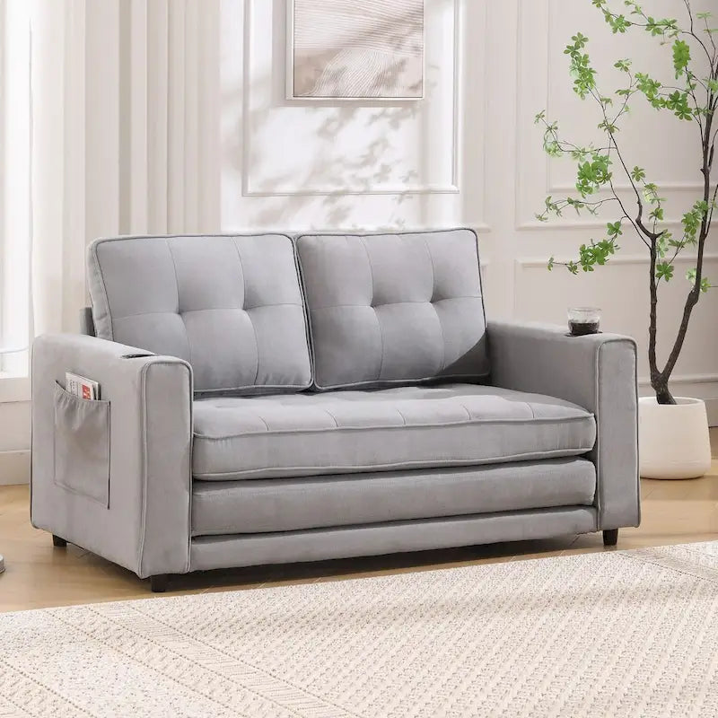 Canapé futon rembourré avec lit gigogne, canapé deux places capitonné pliable multicolore avec porte-gobelet