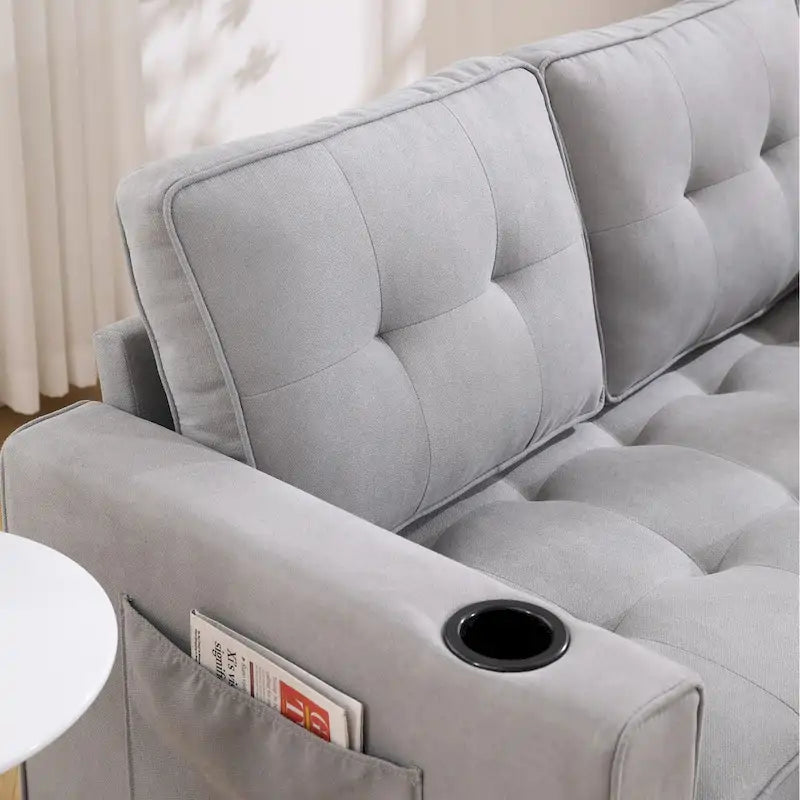 Canapé futon rembourré avec lit gigogne, canapé deux places capitonné pliable multicolore avec porte-gobelet
