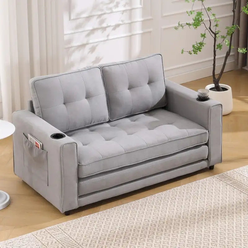 Canapé futon rembourré avec lit gigogne, canapé deux places capitonné pliable multicolore avec porte-gobelet