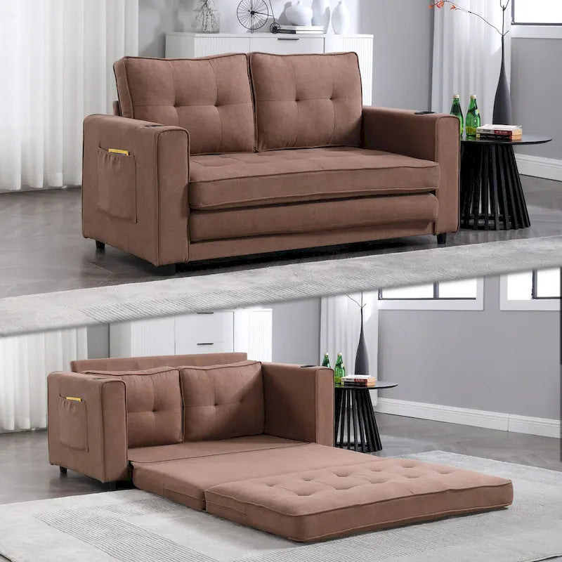 Canapé futon rembourré avec lit gigogne, canapé deux places capitonné pliable multicolore avec porte-gobelet