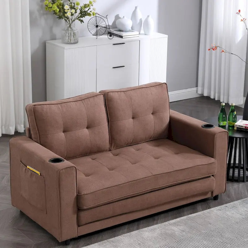 Canapé futon rembourré avec lit gigogne, canapé deux places capitonné pliable multicolore avec porte-gobelet