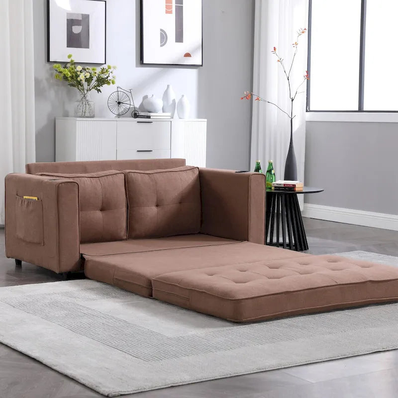 Canapé futon rembourré avec lit gigogne, canapé deux places capitonné pliable multicolore avec porte-gobelet